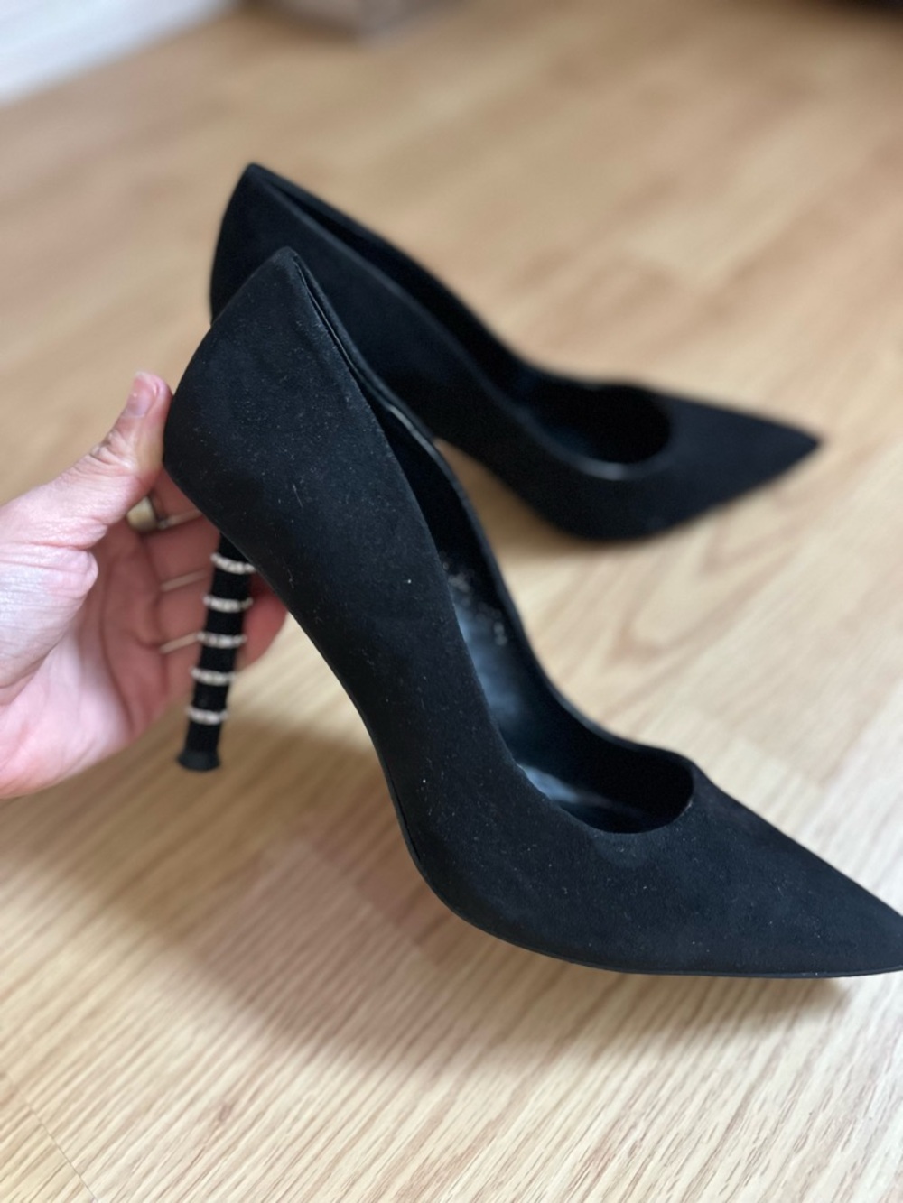 Jennifer Lopez Black Suede Pointed Toe Pumps with Embellished Spiral Heel